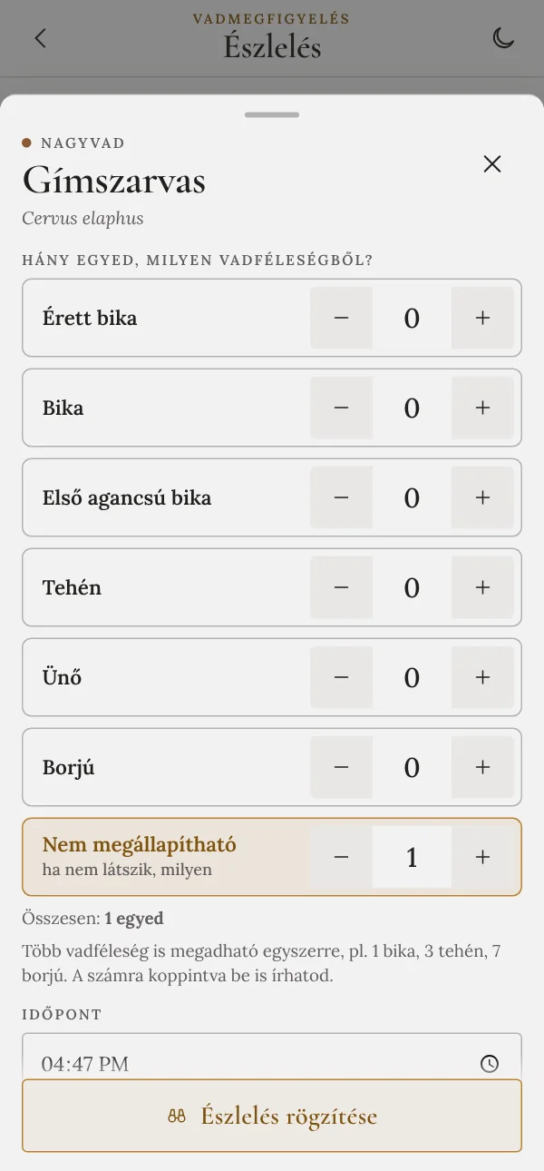 Észlelés rögzítése vadféleségenként külön darabszámmal
