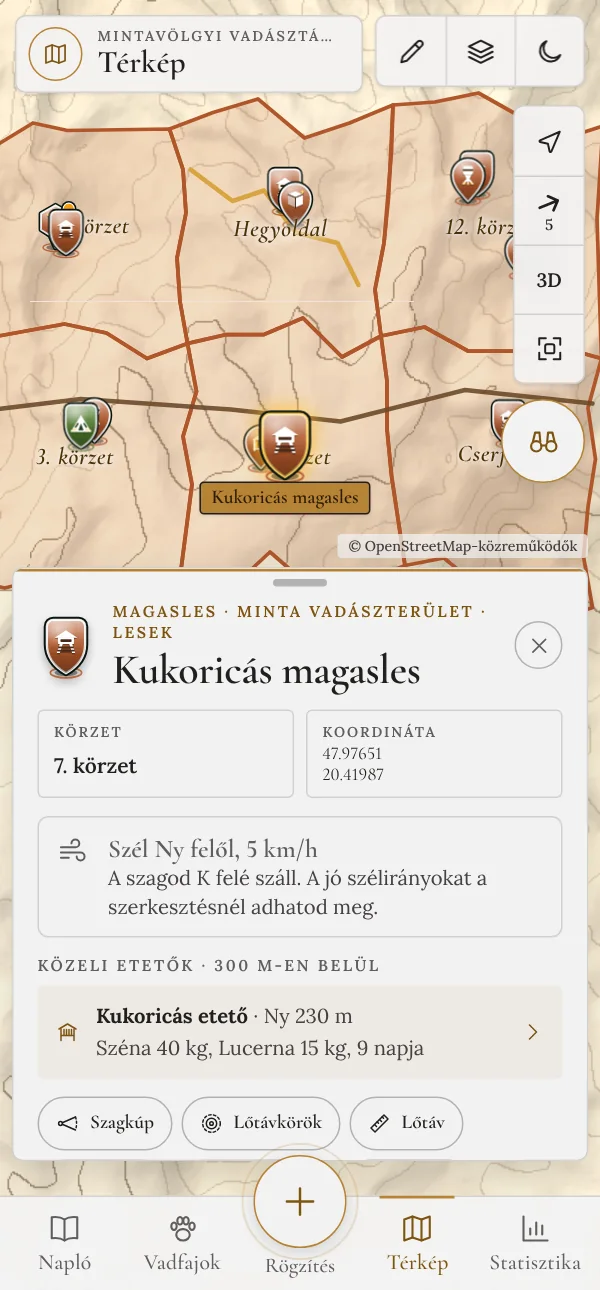 Etető kártyája töltöttség-sávval és az utoljára kitett eleséggel