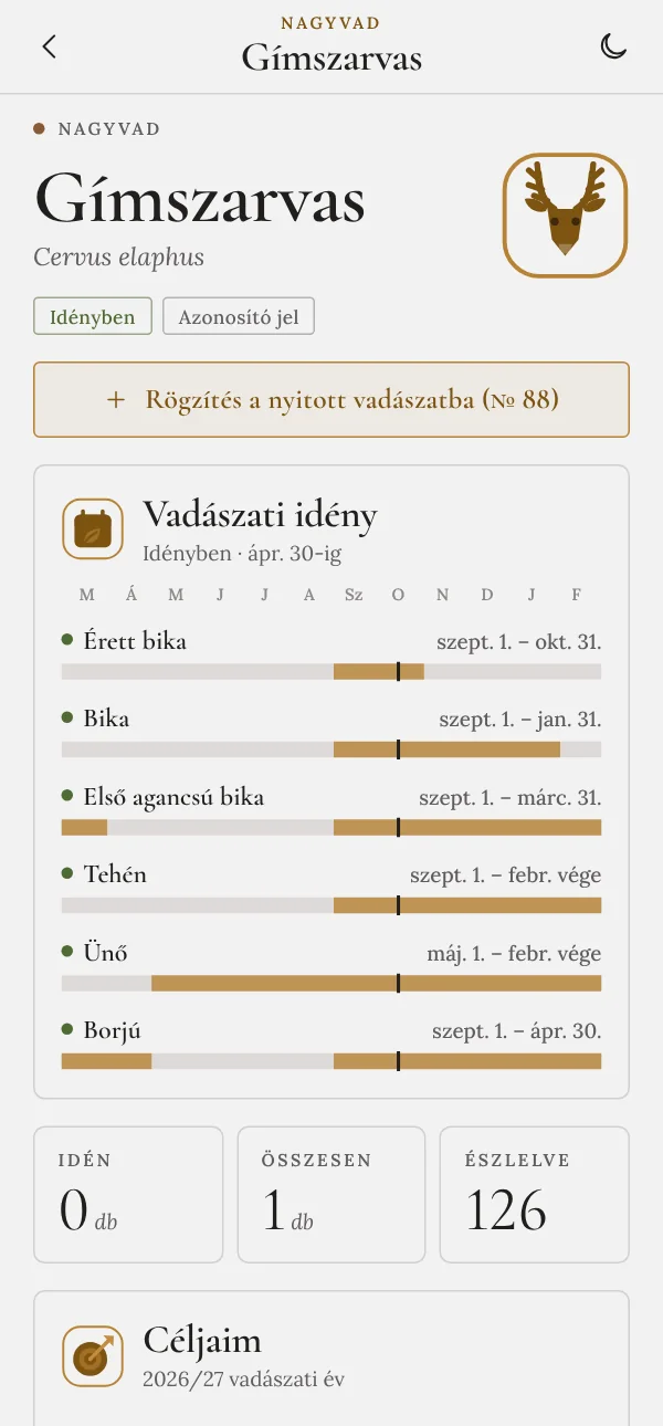 Egy vadfaj adatlapja idényekkel és napi korláttal