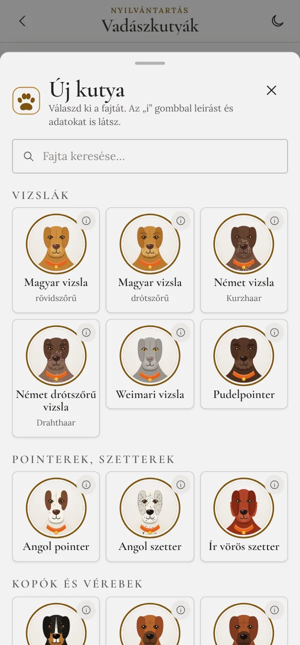 Új kutya felvétele: fajtaválasztó képes rácsból