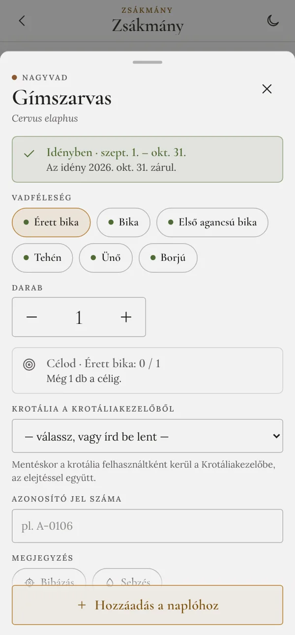 Idényellenőrzés zsákmány rögzítésekor