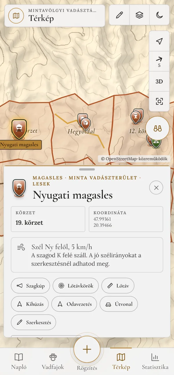 Magasles kártyája jó szélirányokkal és közeli etetőkkel