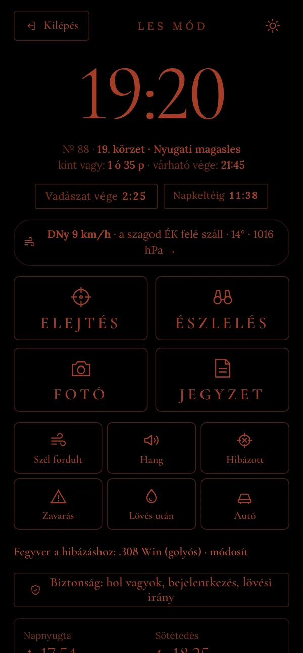 A Les mód éjszakai, vörös fényű nézete nagy órával