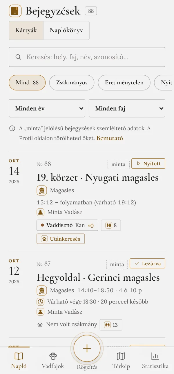 Vadászati napló kártyanézetben, szűrőkkel