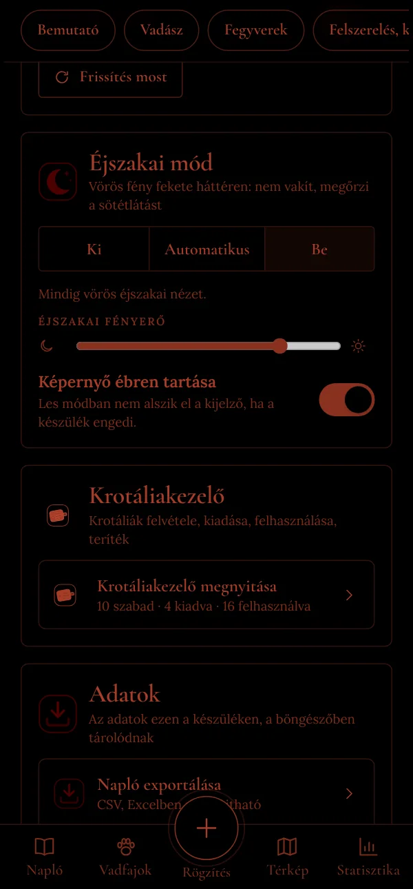 A Profil oldal éjszakai módban, a beállításokkal