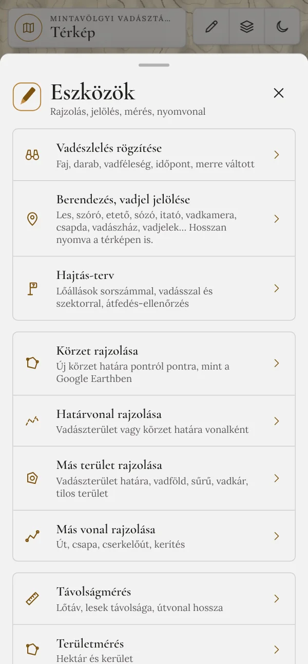 A térkép Eszközök lapja rajzolási és mérési lehetőségekkel