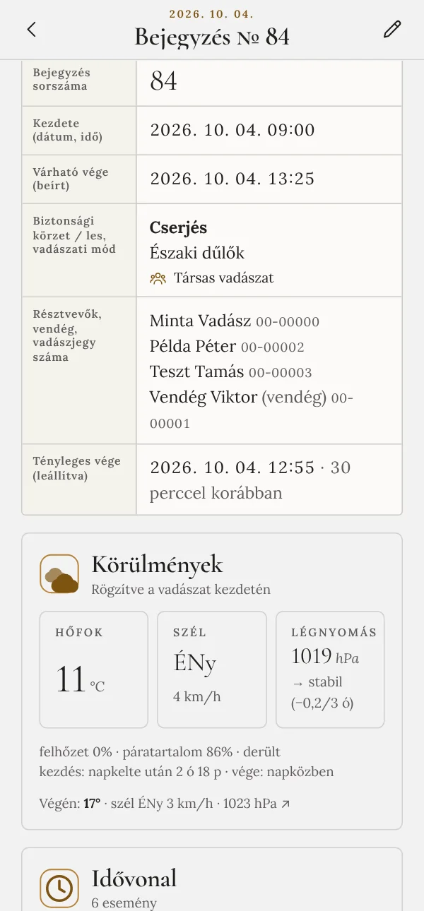 Egy lezárt vadászat részletei a papír lőjegyzék rovatai szerint