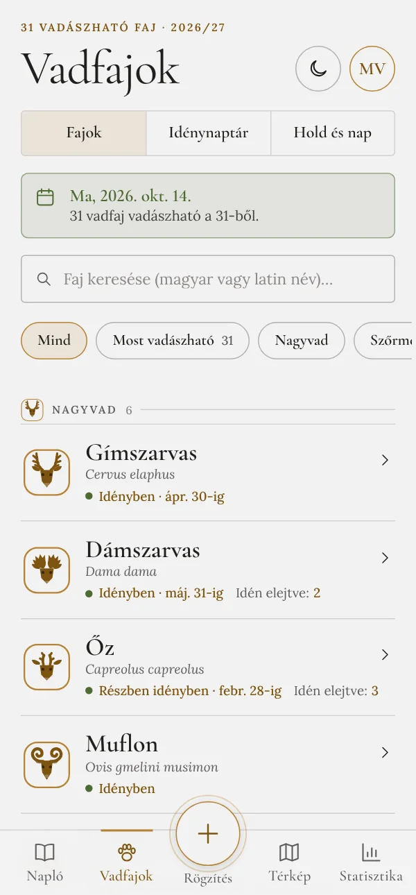 A vadfajok listája csoportokba rendezve
