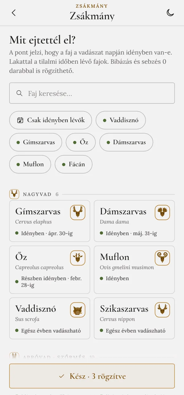 Zsákmány rögzítése vadféleség-választóval